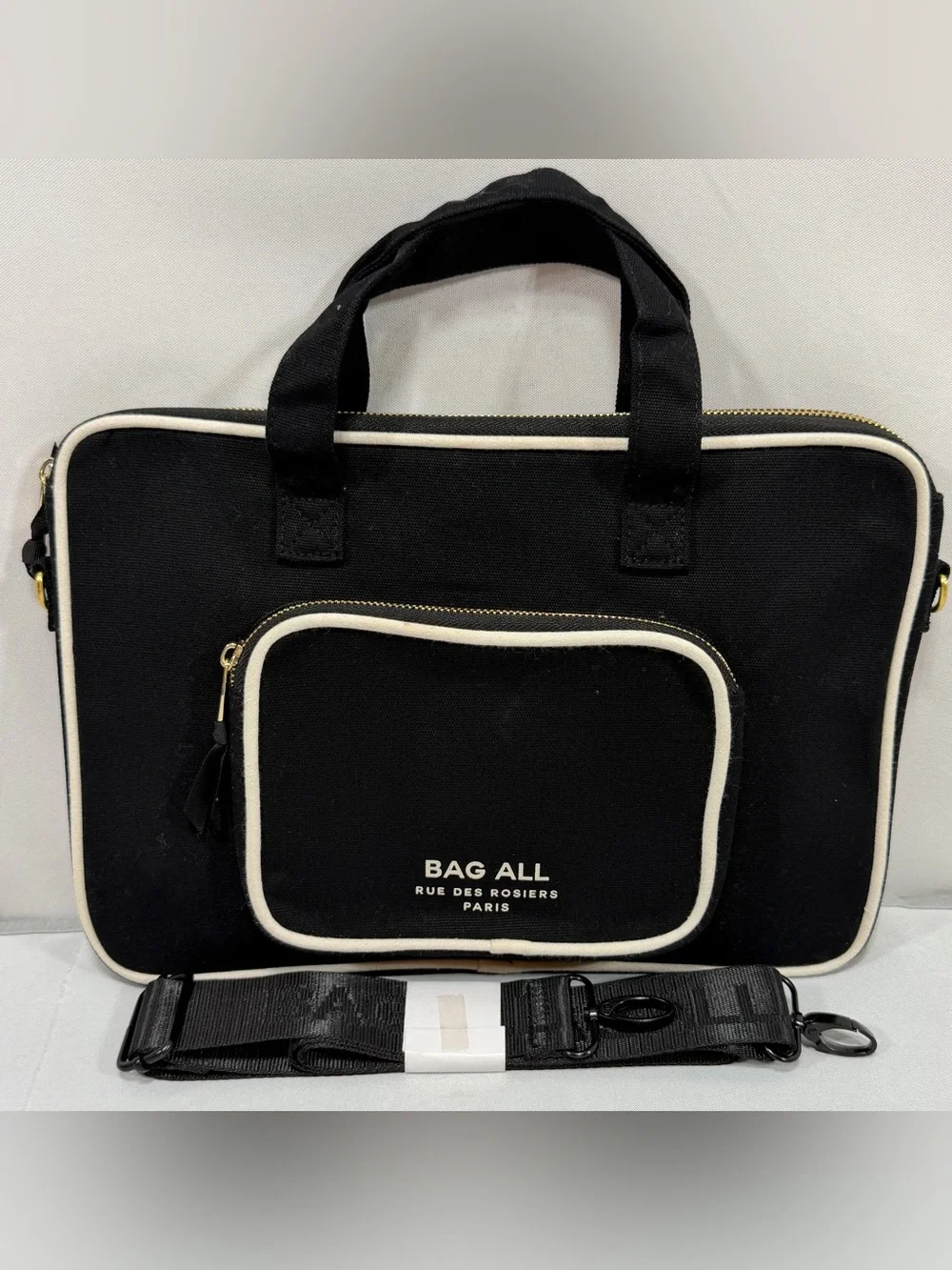 Canvas Designer Laptop Case Tote Bag Black Striped Interior Crossbody Strap Incl